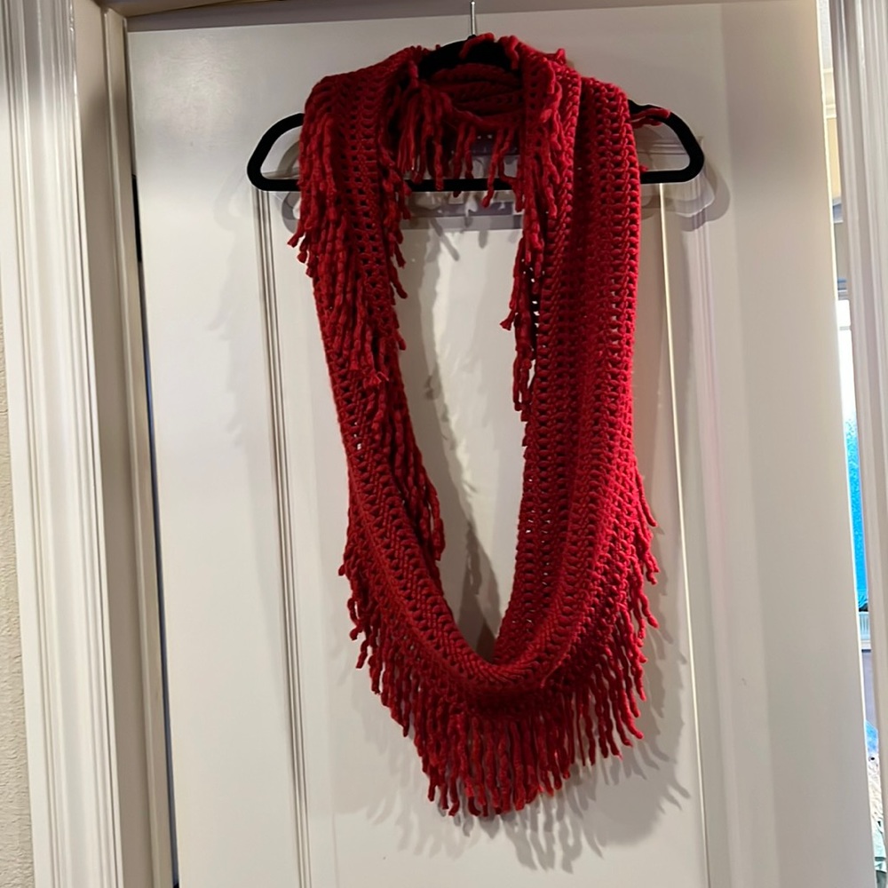 100% acrylic red fringe scarf
